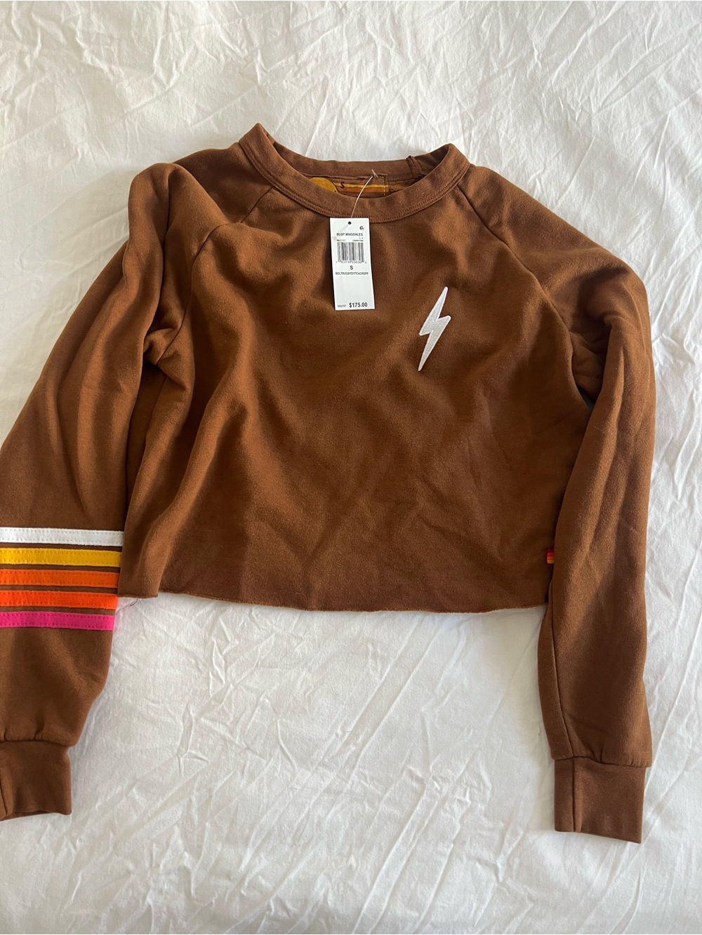 Aviator Nation Brown Cropped Crewneck with Pink, Orange & Yellow Sleeve Stripes